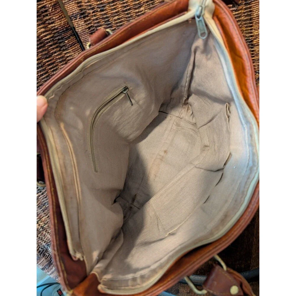 Vintage Leather Tote Bag Brown Double Handle Shoulder Purse 70s Boho Retro Large - Picture 9 of 13